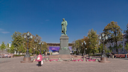 Monument to russian poet Alexander Pushkin on Pushkin Square timelapse hyperlapse, Moscow, Russia