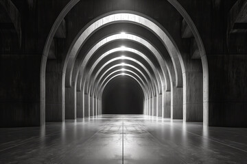 Obraz premium An arched tunnel with a sleek, modern design, illuminated with lights against a dark background, concept of futuristic architecture. Generative AI
