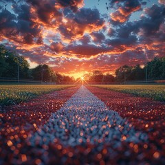 The white lines on the field for the baseball arena with green grass surrounding it are complemented by sunset light shining on the field