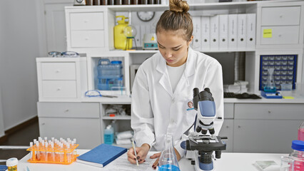 In the heart of science, young, beautiful hispanic woman scientist, engrossed in her work, meticulously analyzing through a microscope and taking notes in her bustling lab laboratory.