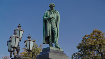 Monument to russian poet Alexander Pushkin on Pushkin Square timelapse hyperlapse, Moscow, Russia