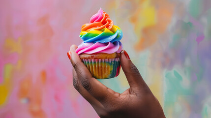 Black person holding an LGBTQ style cupcake.