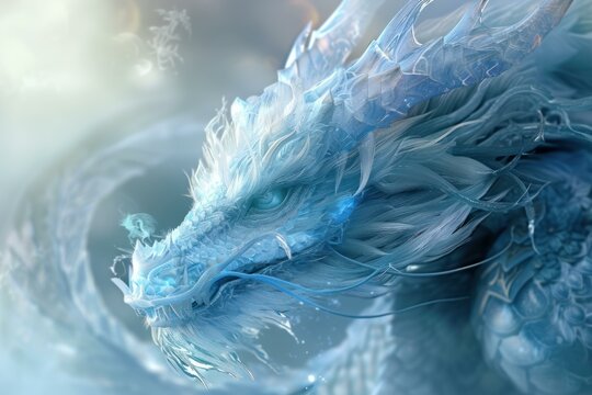 Majestic and intricate ice dragon fantasy artwork with digital art featuring a mythical creature breathing frost. Showcasing intricate details and a cold. Blue. Mystical design