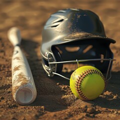Softball equipment lying on the ground, including ball, bat and helmet on dirt field background. Cinematic details
