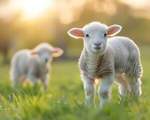 Obraz premium Adorable Baby Lambs Playing in Lush Green Pasture with Blurred Background
