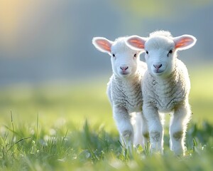 Playful Baby Lambs Frolicking in a Lush Green Pasture Adorable Countryside Scene