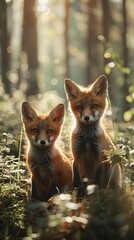 Naklejka premium Playful Fox Cubs Exploring a Sunlit Forest Glade