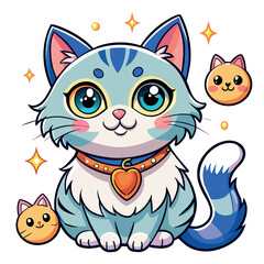Obraz premium A cartoon cat wearing a collar and sitting next to two other cartoon cats. The cat is smiling and has a heart-shaped collar