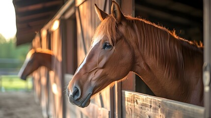Fototapeta premium Horses Being Groomed in a Sunlit and Agricultural Concept