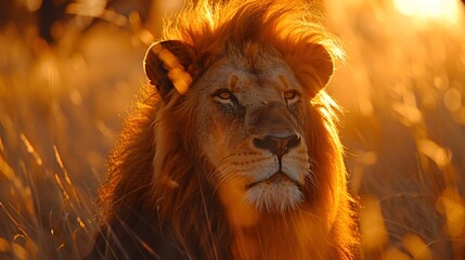 Naklejka premium Majestic Lion s Striking Portrait in Savannah Sunlight