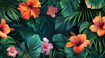 Exotic plants and flowers arranged on a dark surface, perfect for use as a design element or to add a touch of jungle atmosphere