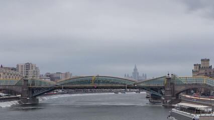 Fototapeta premium Pedestrian Bogdan Khmelnitsky Bridge timelapse hyperlapse in Moscow, Russia.