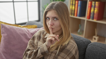 Blonde woman gesturing silence in a cozy indoor setting with a bookshelf backdrop.