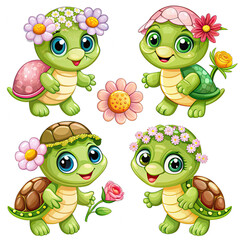 Obraz premium A cartoon illustration of four cute baby turtles wearing flowers. Generative AI