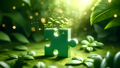 The green puzzle piece with sprouting plants lies on a lush bed of green leaves, with soft sunlight filtering through the blurred background. 