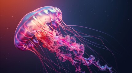 Fototapeta premium Luminous jellyfish drifting gracefully deep ocean glowing tentacles transparent bell marine life light colorful abstract cut background design asset