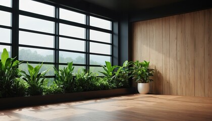 black living room with a wall of plants and a wooden floor.