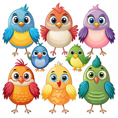 Fototapeta premium A set of eight cartoon birds, each with unique colors and designs, are isolated on a white background. They are all facing the viewer with their beaks open, as if they are about to sing. Generative AI