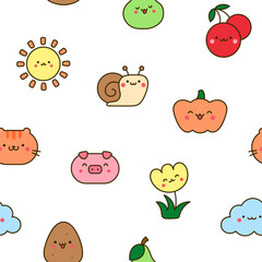 Kawaii cartoon farm characters. Seamless pattern. Cute animals, nature, vegetables, fruits, flowers. Hand drawn style. Vector drawing. Design ornaments.