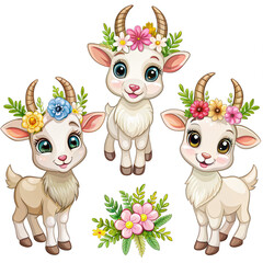 Obraz premium Three adorable cartoon goats with floral crowns isolated on a white background. Perfect for adding a touch of whimsy to any design. Generative AI