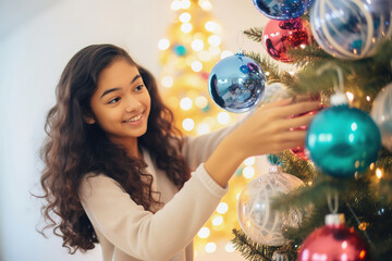 Fototapeta premium Happy Girl Decorating Christmas Tree with Festive Ornaments