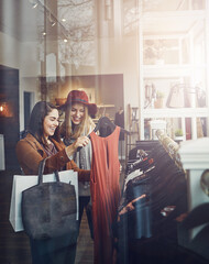 Shopping, boutique and girl friends by clothes in retail mall for discount, sale or promotion....
