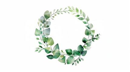 Obraz premium Watercolor baby blue eucalyptus wreath for wedding cards, silver dollar eucalyptus tree foliage in circle, herbs, leaves, branch, greenery frame. Decorative design elements in rustic elegant style