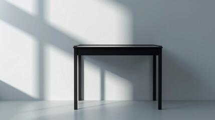 Minimalist black table in a brightly lit room with shadows. Perfect for modern interiors or minimalistic decor themes.
