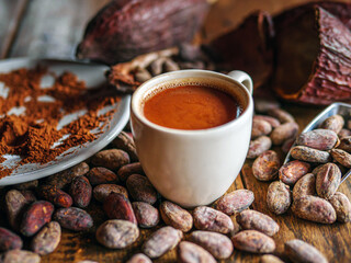 Hot chocolate drink,cocoa drink and natural cocoa powder with brown cocoa beans and dry cacao pod  on a vintage wooden table.