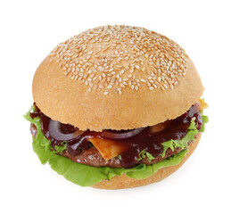 Delicious cheeseburger with lettuce, onion, ketchup and patty isolated on white
