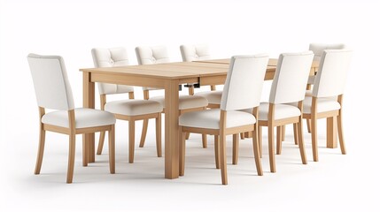 Elegant wooden dining table set with eight cushioned chairs, perfect for family gatherings and modern home decor.