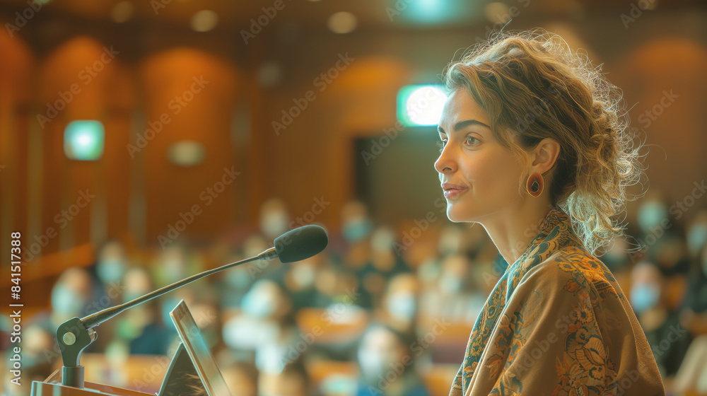 Poster a woman speaking at a podium with a microphone, an audience in the background, expressing the concep