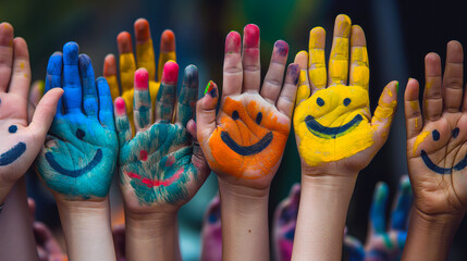 Multiple hands with colorful paint and smiley faces, against a blurred background, symbolizing happiness and creativity, Generative AI. Generative AI
