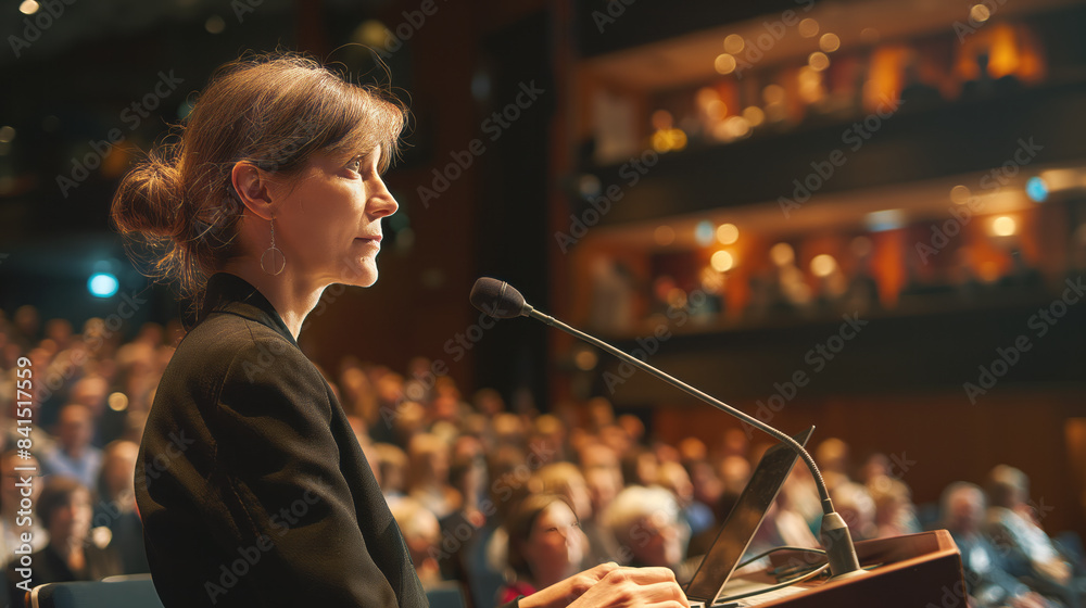 Poster a woman speaking at a podium in an auditorium, with an audience in soft focus in the background, con