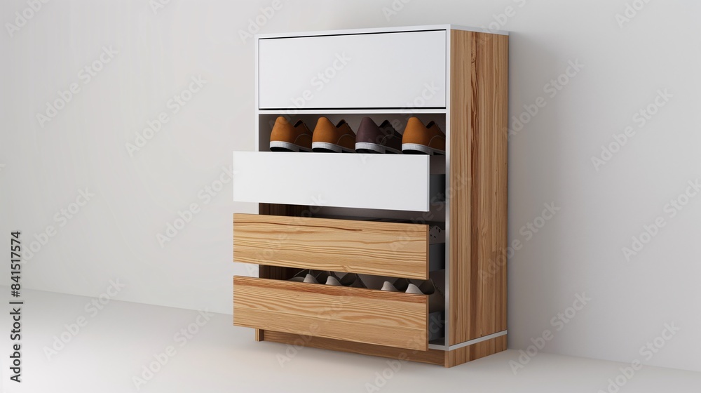 Wall mural modern wooden shoe cabinet with open drawers showcasing brown shoes, set in a minimalist white inter