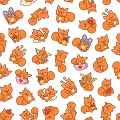 Cute kawaii squirrel. Seamless pattern. Funny forest wild cartoon animal characters. Hand drawn style. Vector drawing. Design ornaments.