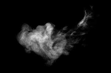 Collection of close-up shots of abstract white steam or smoke. White cloudiness from moisture spray Isolated on a black background.