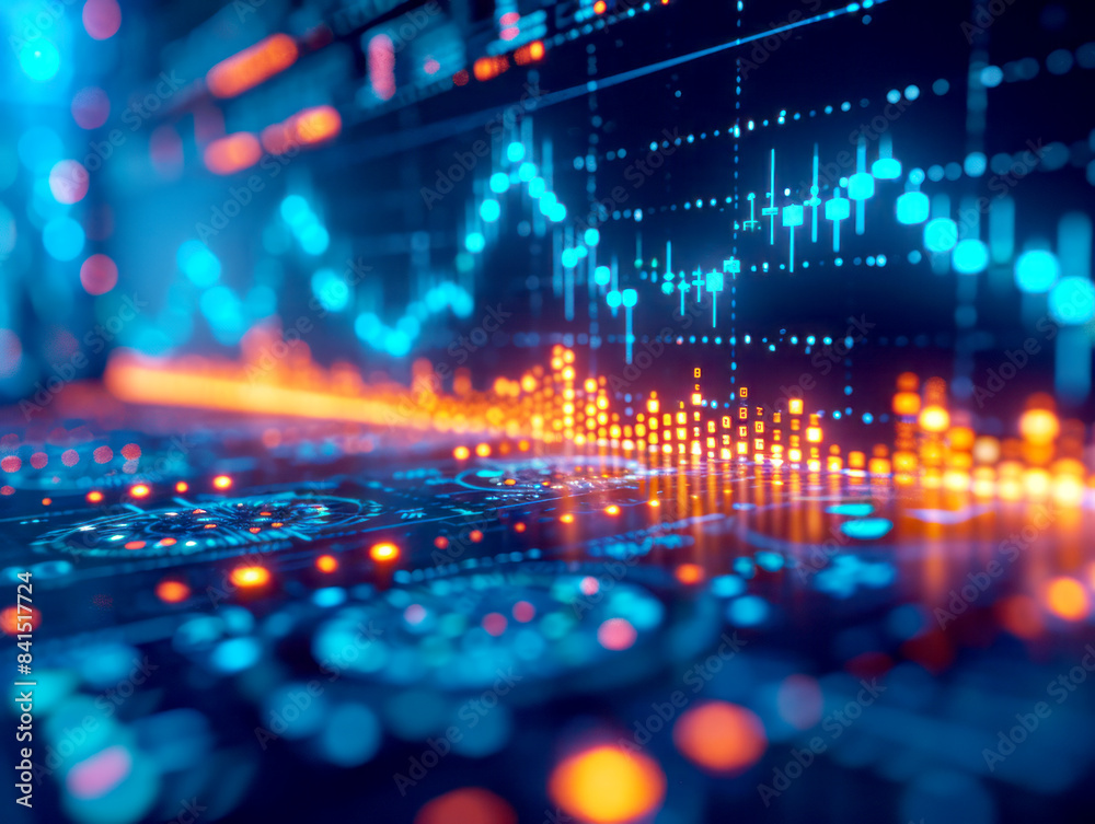 Poster abstract financial chart with candlestick graph on a blue and orange illuminated background, concept