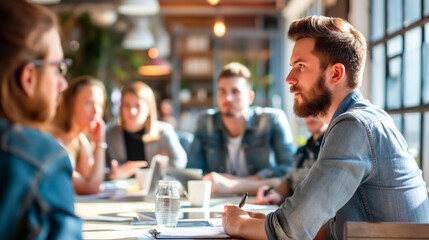 A group of people in a casual meeting, photographed in a blurred style, with a cafe background, concept of teamwork. Generative AI