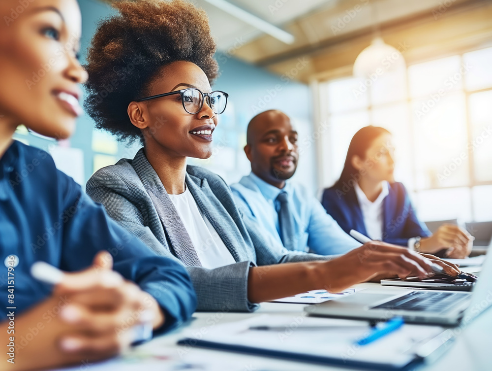 Poster a diverse team in a business meeting, smiling and engaged in discussion, in a bright office setting,