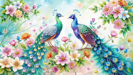 Two beautiful peacocks facing each other. Beautiful for decorating cards or other uses. It's a beautiful background.