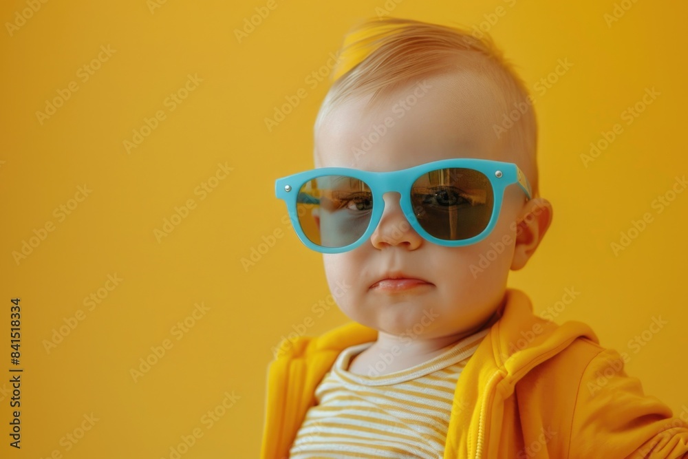 Wall mural a young child wearing trendy sunglasses against a bright yellow background