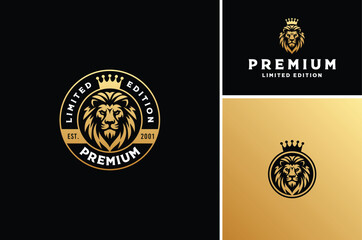 Golden Majestic Lion Face Head Silhouette with King Crown for Royal Luxury Premium Brand Label Badge Stamp logo design