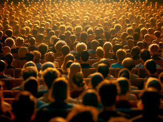A crowd of people seen from behind, focused on a warm lit background, depicting a concept of audience participation. Generative AI