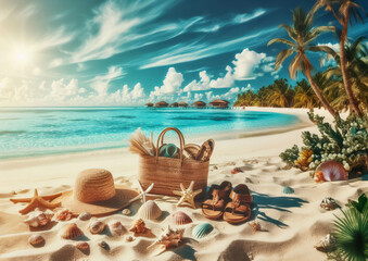 Hut, Tasche und Schuhe an einem Strand unter Palmen, Urlaubs Konzept