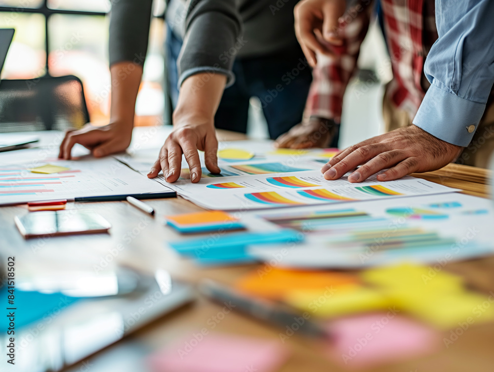 Aufkleber people collaborating over colorful charts on a table, in a business meeting setting with a light bac