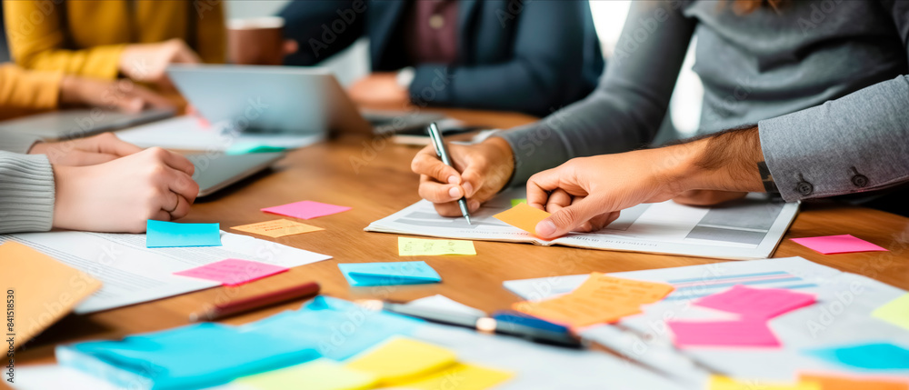 Poster close-up of hands organizing sticky notes on a document-strewn table, teamwork concept on a wood bac