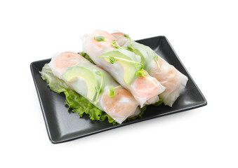 Delicious spring rolls wrapped in rice paper isolated on white