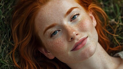 Naklejka premium Portrait of young woman with fiery red hair and face dotted with freckles