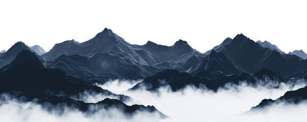 dark mountains with foggy valley isolated on white or transparent png